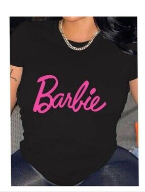 Black Barbie Pink Logo Graphic Tee Short Sleeve Shirt Barbiecore Top